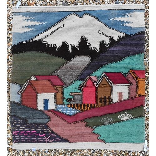 379 - A South American Ecuador folk art wool pictorial rug, with a mountainous village landscape design in... 