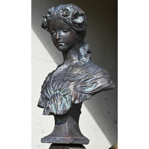 An Art Nouveau style garden bust, 'Josephine' after Gustav van Vaerenbergh, cast in reconstituted stone with aged bronzed finish, 46 cm high