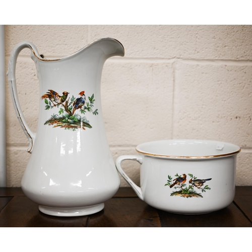 445 - # A Newport pottery (Burslem) ewer, basin and chamberpot set, printed with birds