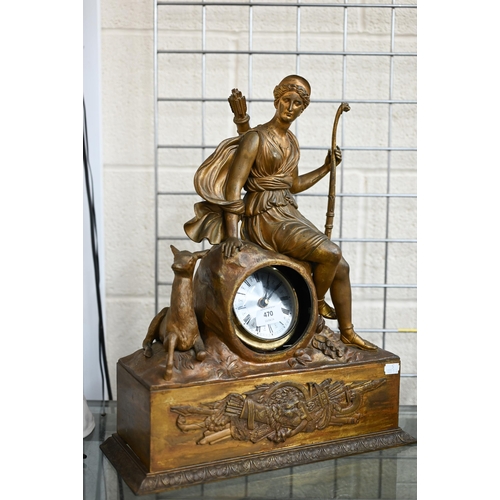 470 - A late 19th century bronzed spelter mantel clock case, surmounted by the figure of a classical huntr... 