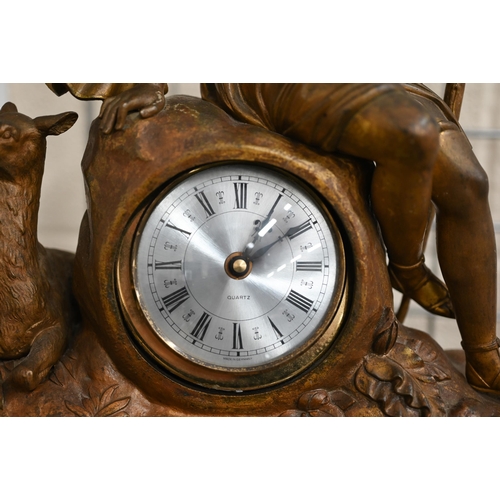 470 - A late 19th century bronzed spelter mantel clock case, surmounted by the figure of a classical huntr... 