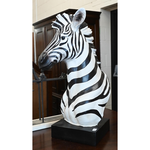 481 - Composite zebra's head ornament 53cm high, to/w a painted metal large French 'cafe' clock (2)