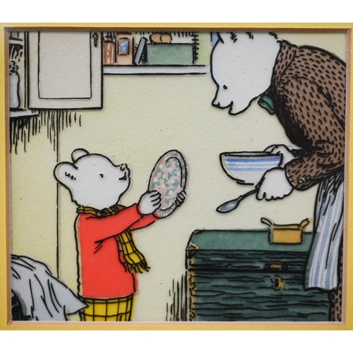 500 - A Rupert the Bear hand-drawn and painted acetate cel 8.5 x 9.5cm, mounted framed and glazed, to/w th... 