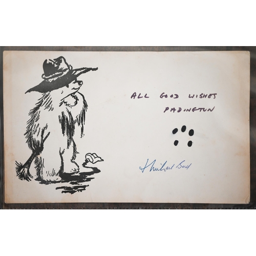 501 - Michael Bond autograph on Paddington card, to/w Miller Annette, 'More About Muffin', 1st 1950 (signe... 