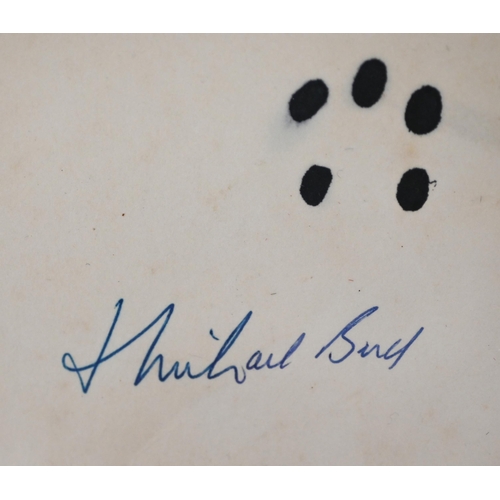 501 - Michael Bond autograph on Paddington card, to/w Miller Annette, 'More About Muffin', 1st 1950 (signe... 