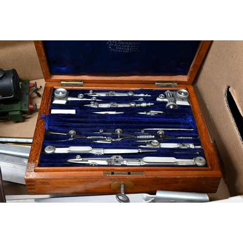 513 - A box of drawing instruments, a three-draw telescope, Hornby Type 501 clockwork locomotive and tende... 