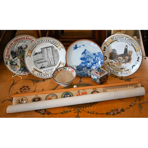 520 - # A small selection of Asian ceramics, to/w three commemorative miner's wall plates and a rolled Rai... 