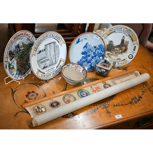 520 - # A small selection of Asian ceramics, to/w three commemorative miner's wall plates and a rolled Rai... 