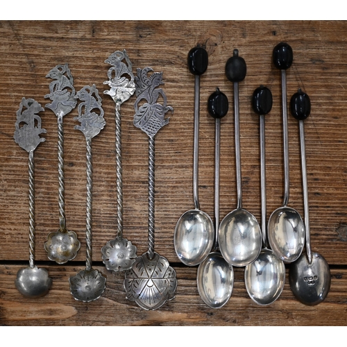 526 - A cased set of six seal-top coffee spoons, Sheffield 1936, to/w six coffee spoons with bean finials ... 