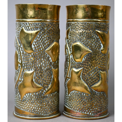 528 - Two trench-art brass shell-cases, embossed with cockerels and foliage, 17 cm high (2)