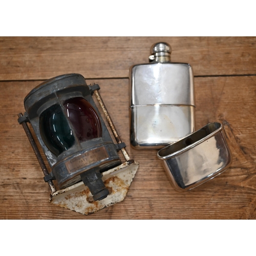 534 - A vintage copper yacht's two-colour bow lamp to/w an Asprey EPNS hip-flask with detachable beaker,  ... 