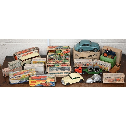 A collection of boxed Minic tinplate vehicles, including Double Deck Bus, No.2 Saloon Car, No.2 Sports Car, Mechanical Horse and Fuel Oil Tanker, Mechanical Horse and Milk Tanker, Delivery Van, Timber Lorry, Dust Cart, Racing Car, Taxi, Vauxhall Tourer and Post Office Telephone Van; also unboxed Callender's Cables low loader; Boxed Streamline Express Bus 820 and Car 810; boxed 'V' Model Morris Minor, Gaiety Toys Messerschmidt three-wheeler and a Dinky tractor and trailer (box)