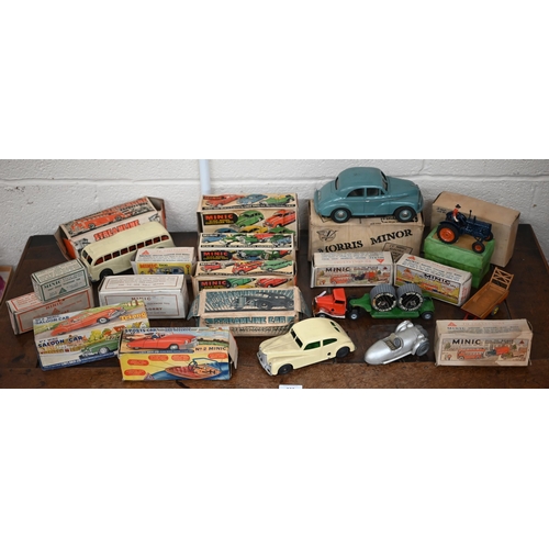 540 - A collection of boxed Minic tinplate vehicles, including Double Deck Bus, No.2 Saloon Car, No.2 Spor... 