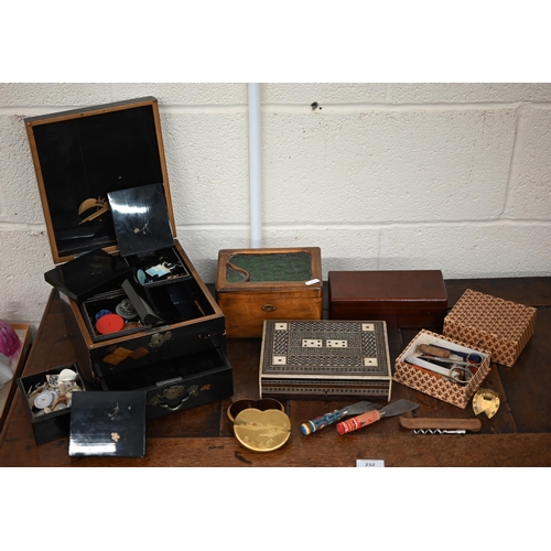 544 - A vintage Japanese lacquer box fitted with four boxes containing buttons and a lower drawer, to/w a ... 