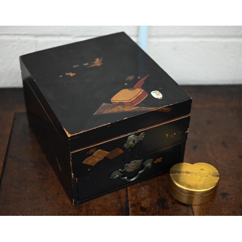 544 - A vintage Japanese lacquer box fitted with four boxes containing buttons and a lower drawer, to/w a ... 