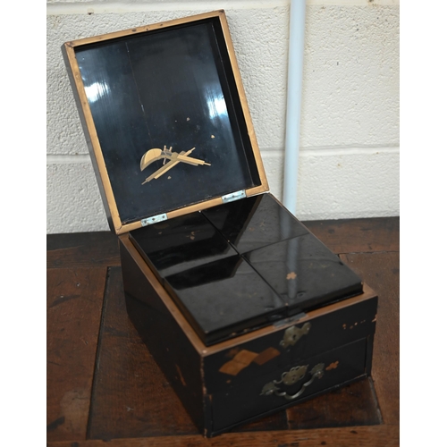 544 - A vintage Japanese lacquer box fitted with four boxes containing buttons and a lower drawer, to/w a ... 