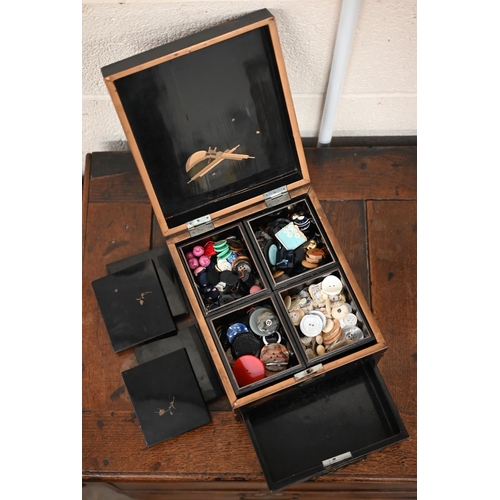 544 - A vintage Japanese lacquer box fitted with four boxes containing buttons and a lower drawer, to/w a ... 