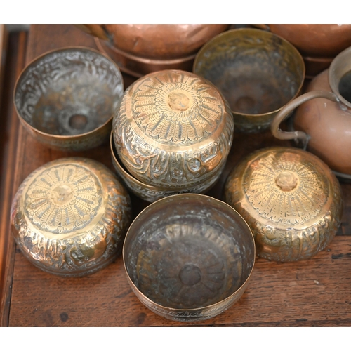 546 - A pair of copper and brass jugs, to/w seven Indian brass bowls and a stemmed bowl, a vintage brass l... 