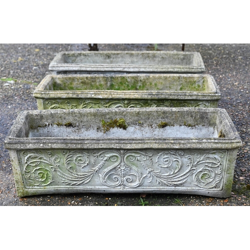 56 - A trio of weathered cast stone rectangular planters by 'Paul 1983', 83 x 31 x 25 cm (3)