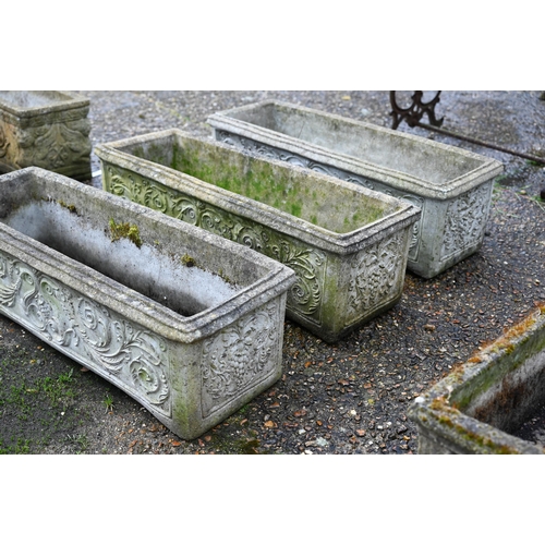 56 - A trio of weathered cast stone rectangular planters by 'Paul 1983', 83 x 31 x 25 cm (3)