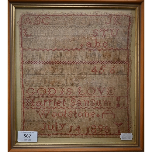 567 - A 19th century cross-stitch sampler by Helen Samsum, Woolstone (Southampton), July 14 1898, 24 x 22c... 