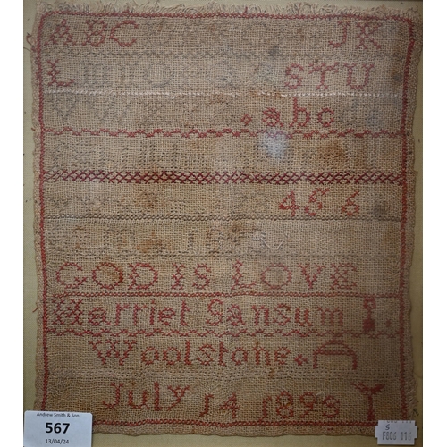 567 - A 19th century cross-stitch sampler by Helen Samsum, Woolstone (Southampton), July 14 1898, 24 x 22c... 