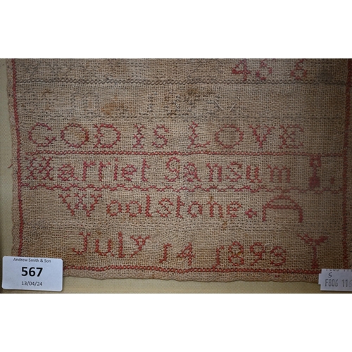 567 - A 19th century cross-stitch sampler by Helen Samsum, Woolstone (Southampton), July 14 1898, 24 x 22c... 