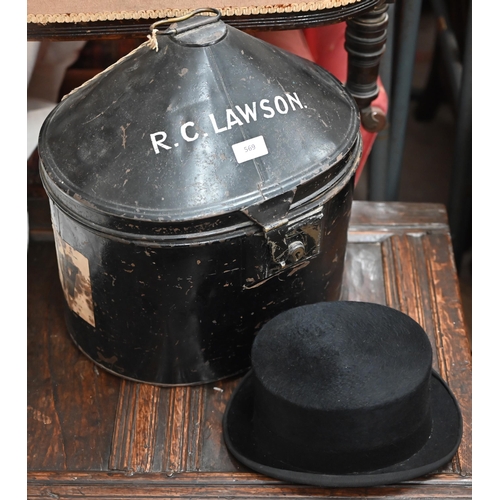 569 - A vintage japanned tin hat-box named for R C Lawson, to/w a lady rider's top-hat by S. Patey (London... 