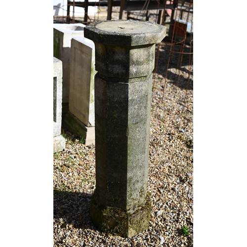 64 - A weathered cast stone column birdbath to/with a pair of conical form planters (3)