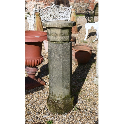 64 - A weathered cast stone column birdbath to/with a pair of conical form planters (3)