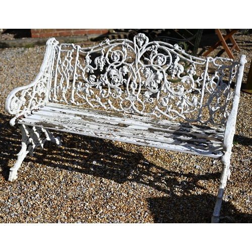 69 - A weathered old cast alloy Coalbrookdale style garden bench with teak slats, a/f