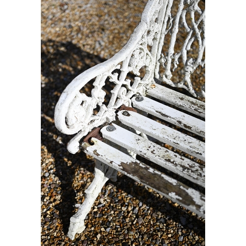 69 - A weathered old cast alloy Coalbrookdale style garden bench with teak slats, a/f