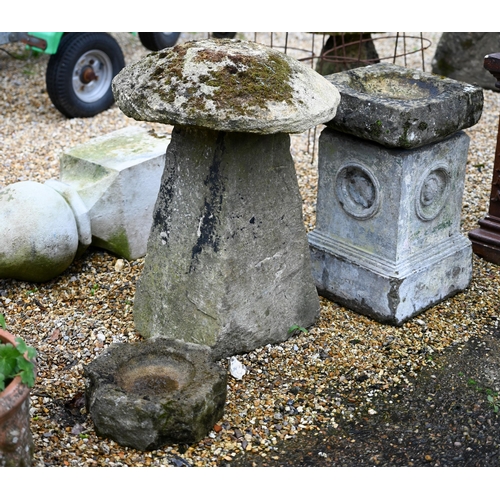 71 - An antique staddle stone with composite stone cap to/with three differing cast stone components and ... 