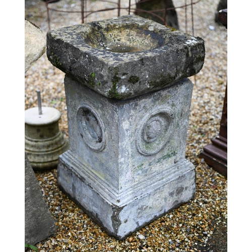 71 - An antique staddle stone with composite stone cap to/with three differing cast stone components and ... 