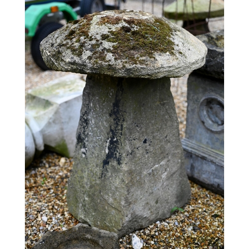 71 - An antique staddle stone with composite stone cap to/with three differing cast stone components and ... 