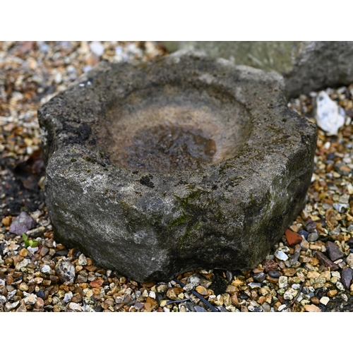 71 - An antique staddle stone with composite stone cap to/with three differing cast stone components and ... 