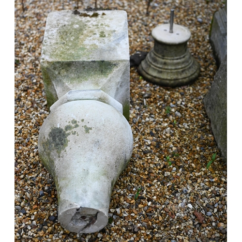 71 - An antique staddle stone with composite stone cap to/with three differing cast stone components and ... 