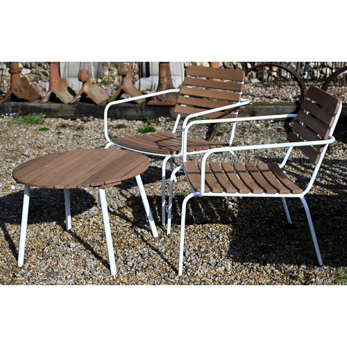 74 - A contemporary three piece teak slat garden tea for two set, comprising a circular table and pair of... 