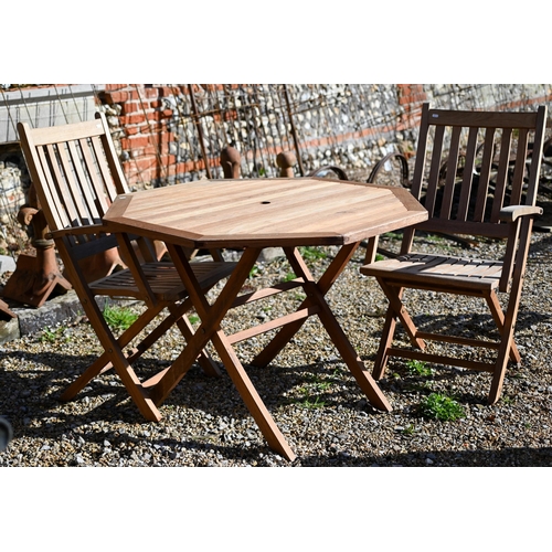 77 - A modern teak hexagonal folding garden table to/with a pair of chairs by Barlow Tyrie (3)