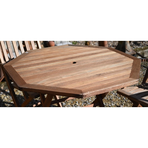 77 - A modern teak hexagonal folding garden table to/with a pair of chairs by Barlow Tyrie (3)