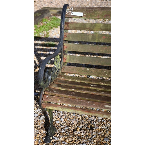 78 - A teak slat garden bench with cast alloy ends