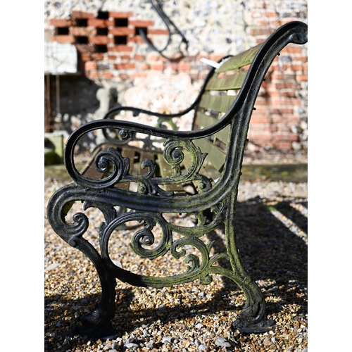 78 - A teak slat garden bench with cast alloy ends