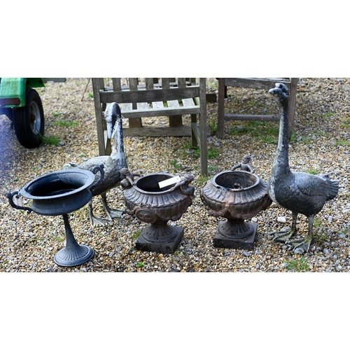 80 - A pair of cast alloy garden geese to/with a trio of composite garden planters, all a/f (5)