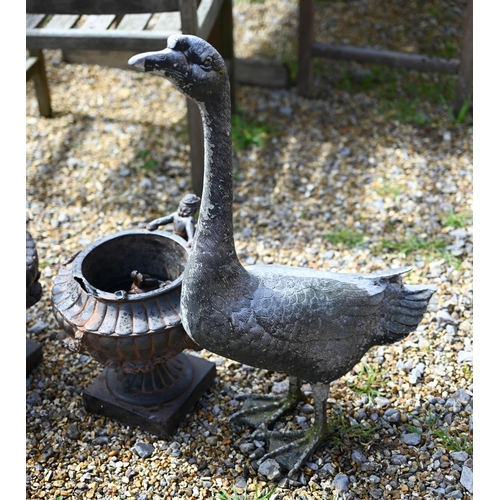 80 - A pair of cast alloy garden geese to/with a trio of composite garden planters, all a/f (5)