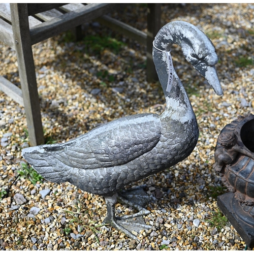 80 - A pair of cast alloy garden geese to/with a trio of composite garden planters, all a/f (5)