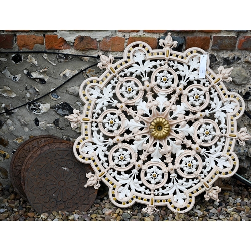 82 - A Victorian style cast iron and painted, circular cast iron ceiling rose to/with a trio of reclaimed... 