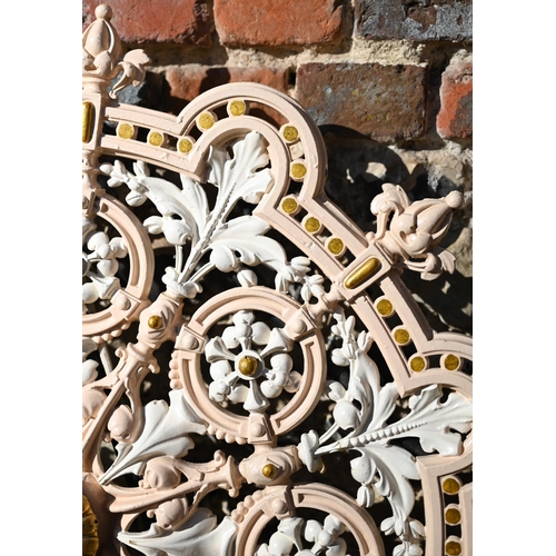 82 - A Victorian style cast iron and painted, circular cast iron ceiling rose to/with a trio of reclaimed... 