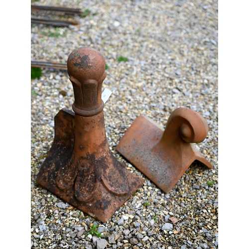 88 - A weathered terracotta ball head finial ridge tile to/with a scroll finial ridge tile, a/f (2)