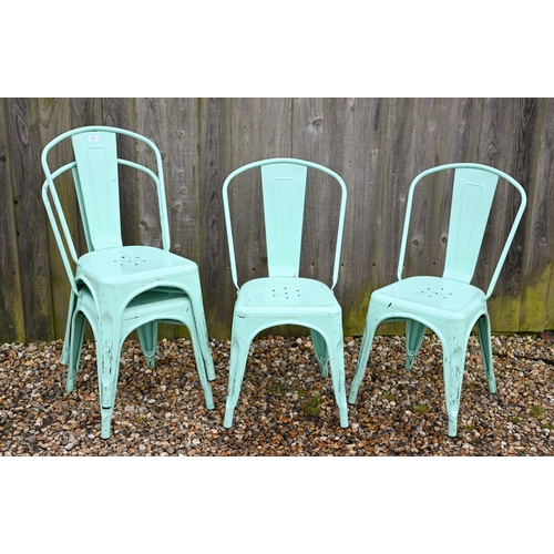 91 - A stack of four turquoise finished steel stacking cafe chairs (4)