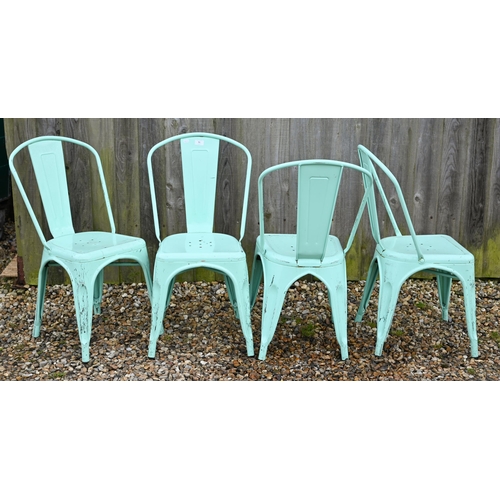 91 - A stack of four turquoise finished steel stacking cafe chairs (4)